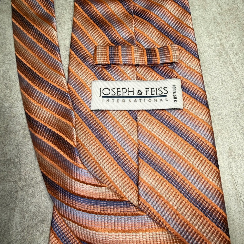 Joseph & Feiss International Mens Silk Necktie Orange Bronze Blue Striped‎ Tie